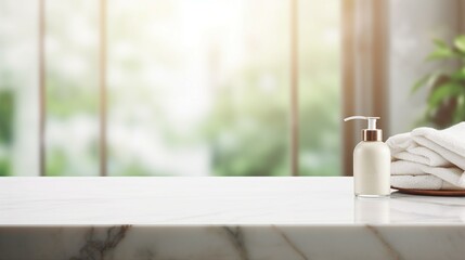 Serene Luxury: Empty Marble Table in Modern White Bathroom, Clean Design, Elegant Interior with Minimalist Style and Shiny Reflection
