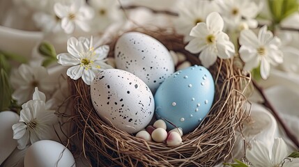 Obraz premium Easter eggs with sweets and flowers on beige. Happy Easter concept. White and blue eggs and cute nest with candy 