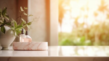 Serene Luxury: Empty Marble Table in Modern White Bathroom, Clean Design, Elegant Interior with Minimalist Style and Shiny Reflection