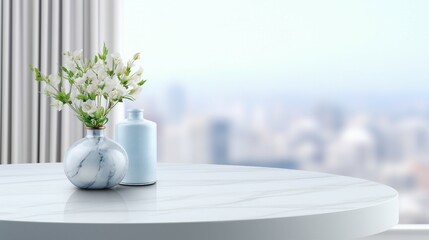 Serene Luxury: Empty Marble Table in Modern White Bathroom, Clean Design, Elegant Interior with Minimalist Style and Shiny Reflection