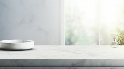 Serene Luxury: Empty Marble Table in Modern White Bathroom, Clean Design, Elegant Interior with Minimalist Style and Shiny Reflection