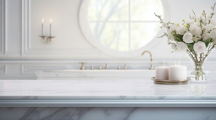Serene Luxury: Empty Marble Table in Modern White Bathroom, Clean Design, Elegant Interior with Minimalist Style and Shiny Reflection