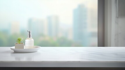 Serene Luxury: Empty Marble Table in Modern White Bathroom, Clean Design, Elegant Interior with Minimalist Style and Shiny Reflection