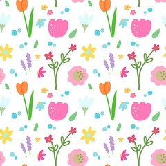 Seamless pattern with flower and leaf on white background . Doodle, cute