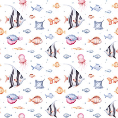 seamless pattern of sea cartoon animals. Blue watercolor ocean fish, turtle, whale and coral. Shell aquarium dolphin, crab octopus Nautical marine illustration, jellyfish, starfish - 704275474