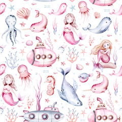 Watercolor sea seamless pattern with snorkeling mermaids, corals, seahorse and dolphin. backgroud for children's room design and textiles submarine whale, unicorn-fish, fish and jellyfish. © kris_art