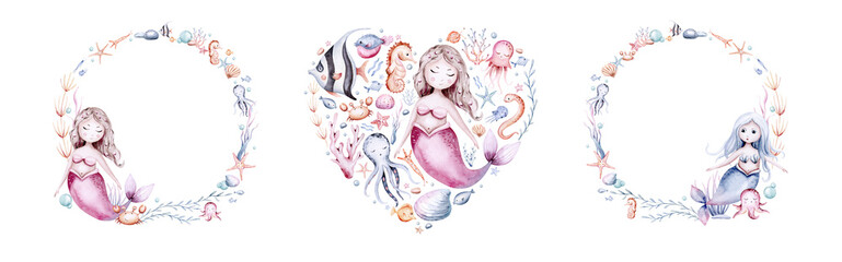 frame of sea animals. Blue watercolor ocean fish wreath, turtle, whale and coral. Shell aquarium mermaid submarine. Nautical dolphin marine illustration, jellyfish, starfish