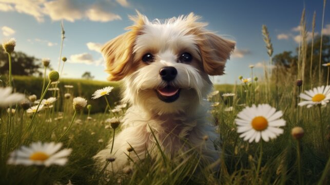 Adorable fluffy puppy among daisies in a sunny meadow, perfect for pet lovers and spring themes.