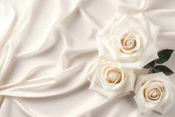 bouquet of white roses on a white silk background with copy space. for valentines, weddings, invitations, cards, greetings, presentations.