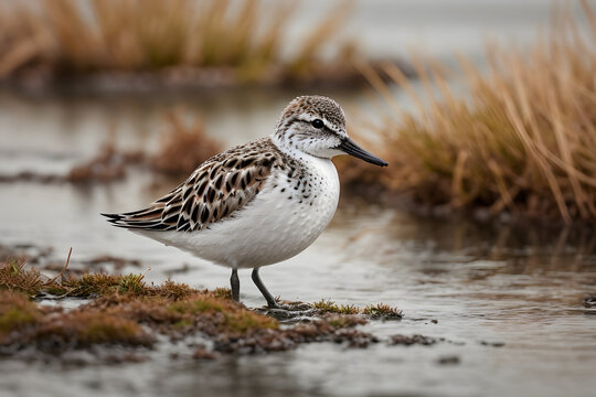 A cute spoon-billed sandpiper looking for his food