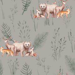 Watercolor Woodland animals seamless pattern. Fabric wallpaper forest with baby deer. Owl, fox and butterfly, Bunny rabbit set of forest, bear and bird baby animal Nursery - 704275804