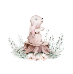 Cute baby bunny animal for kindergarten, nursery isolated illustration for children clothing, pattern. Watercolor Hand drawn boho rabbit image forest woodland poster baby shower - 704275808