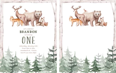 Deurstickers Boho dieren Woodland cartoon Animals watercolor illustration template. Pre made frame for baby shower, birthday invitation kids baby deer, fox in the forest. Cute bear, rabbit and birds