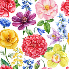 Seamless pattern, watercolor flower orchid, echinacea, poppy and rose. Wallpaper texture flora backdrop. botanical print