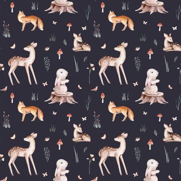 Watercolor Woodland animals seamless pattern. Fabric wallpaper forest with baby deer. Owl, fox and butterfly, Bunny rabbit set of forest, bear and bird baby animal Nursery