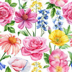 Seamless pattern, watercolor wildflowers. Botanical bouquet flowers for wrapped paper, backdrop. Summer background