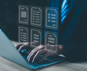 Business people use computers to upload documents from folders to manage online document databases...