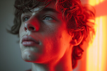 An artistic and experimental portrait of a teenager, featuring unconventional styling, expressive lighting, and a composition that challenges traditional notions of masculinity.