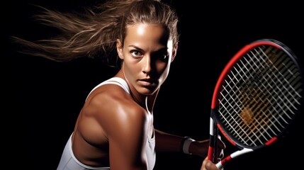 Intense female tennis player ready to strike on a dark background.
