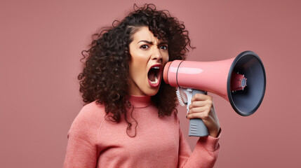 Woman excitedly shouting into a megaphone against a colored background