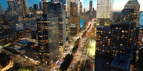 New York City Manhattan at sunrise. New York at Night. NYC Night aerial view of New York. New York...