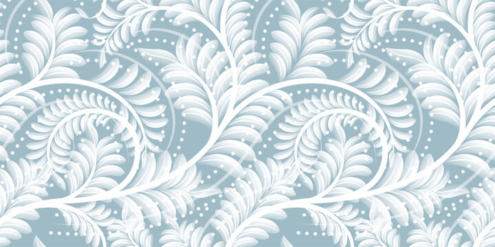 Abstract seamless pattern with winter leaves and branches in white. Stock vector illustration for textile or wrapping paper.