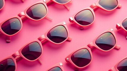 pattern of identical sunglasses on background. Pink texture. coral background. Geometrical texture. Symbol of spring or summer. Summer time. Background for spring or summer. Good weather.