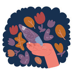 Cartoon vector illustration with pigeons are placed on her hands