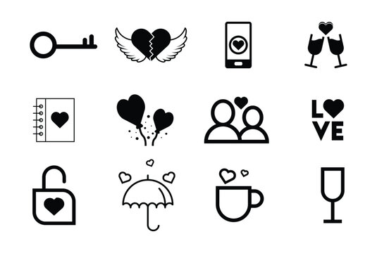 valentines day icon set. heart, romantic and love symbols. isolated vector images in flat style design Template in white background.
