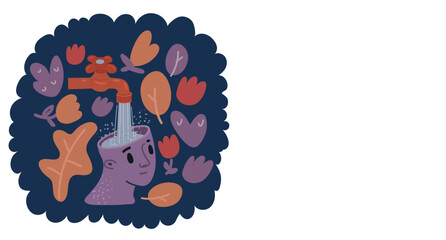 Cartoon vector illustration of water inside head. Open tam