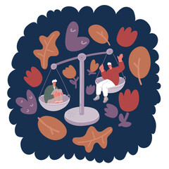 Cartoon vector illustration of Body weight machine with a person measuring body weight. He measuring weight and scales with tape measure to lose weight for health.