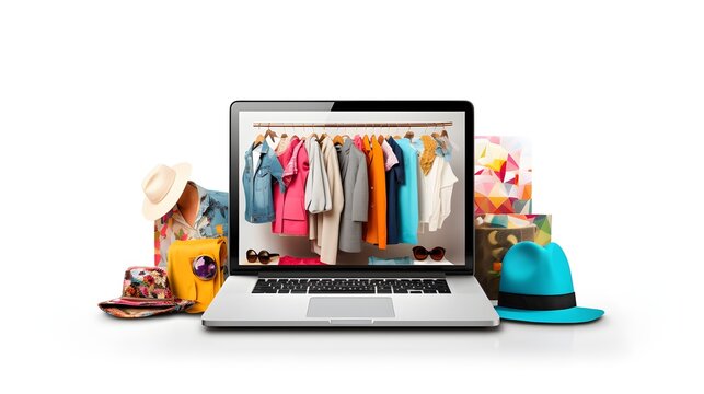 a laptop screen showing website of merchandise of clothes isolated on white background and has lot of shopping staff