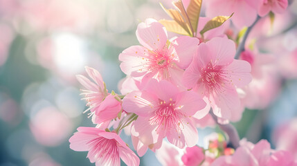 Fototapeta premium Sakura pink flowers blooming in the spring cherry blossom season with a soft background tone.