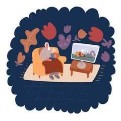 Cartoon vector illustration lady spending her free time at home, watching TV