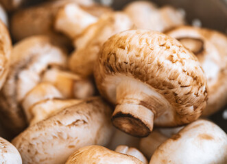 Raw mushrooms in an iron bowl on a white wooden background