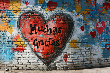 Vibrant street art of a heart with "Muchas Gracias" text, graffiti on a brick wall, expressing thanks and love, colorful urban background.