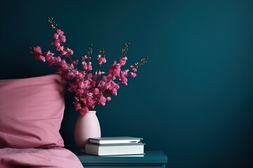 A beautiful pink flower bouquet in a vase on a nightstand with a pink pillow and books
