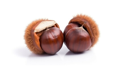 Chestnut with leaves close up on white backgrounds.