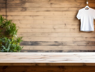 Rustic wooden table with a white shirt hanging on the wall