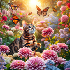  A Bengal cat chasing butterflies among flowers in a flower garden.
