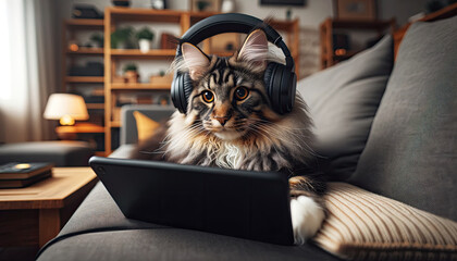 A Maine Coon cat watching videos on a tablet, with headphones in a living room setting on a sofa.