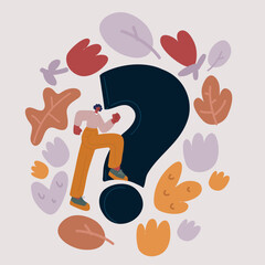 Vector illustration of thinking women with question mark step inside question mark
