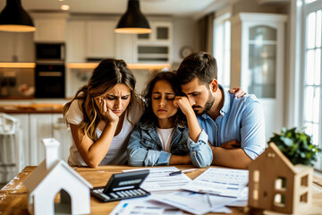 Worried family with stressed expressions reviewing finances and budget at kitchen table with documents, calculator, and mortgage model.