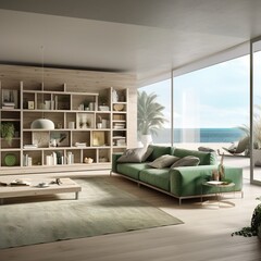 Modern coastal living room with green sofa and ocean view
