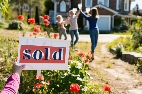 A family celebrates in the backyard of their new home, holding a 'SOLD' sign, symbolizing their successful real estate purchase.