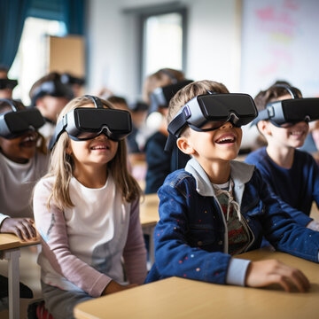 Children with VR glasses in class.