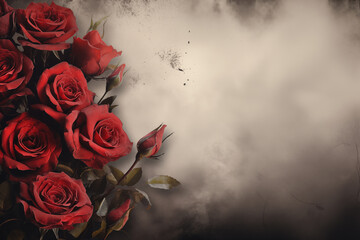 a red rose on a smoke vintage background with copy space. for cards, and funeral ceremonies. - obrazy, fototapety, plakaty