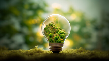 Electric light bulb with greenery, flora inside, a lush micro landscape stands in soil against background of blurred foliage. Eco innovation, sustainable energy. Preserving, protecting the environment