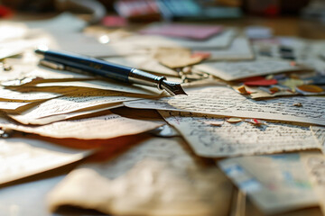 Vintage fountain pen on old handwritten letters, evoking feelings of nostalgia, history, and timeless communication.
