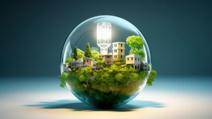 Glass sphere with quaint cottage and greenery with magical soft light in harmony with nature. Protecting and preserving the environment. Ecological habitats. Sustainable lifestyles